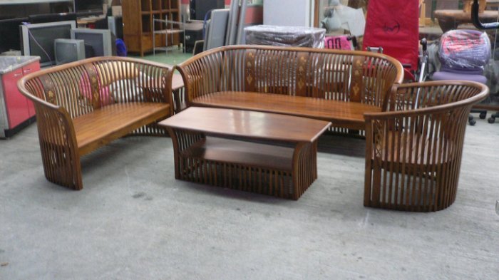 樂居二手家具 全新中古傢俱賣場 TK207*全新實木柚木木沙發123含大小茶几桌*原木木板椅 客廳桌椅拍賣 餐桌椅 鞋櫃