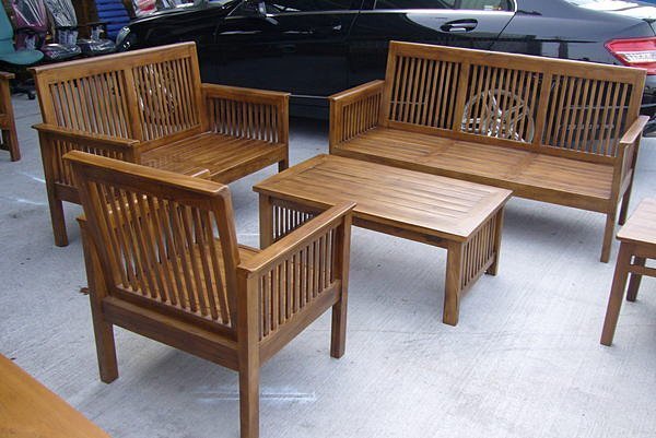 樂居二手家具館 全新中古傢俱賣場 零碼P147原木 實木 柚木條子木頭沙發椅 123加大茶几實木藤條木頭椅