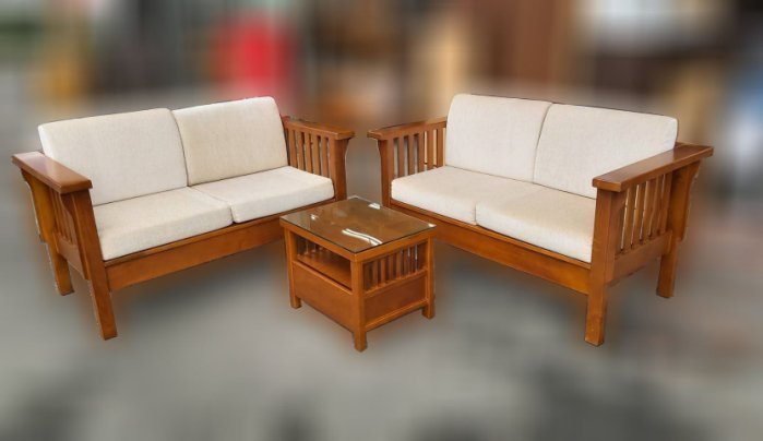 樂居二手家具(中) 便宜2手傢俱拍賣A122201柚木2+2沙發附小茶几* 二手客廳桌椅 二手布沙發 木頭椅 木沙發