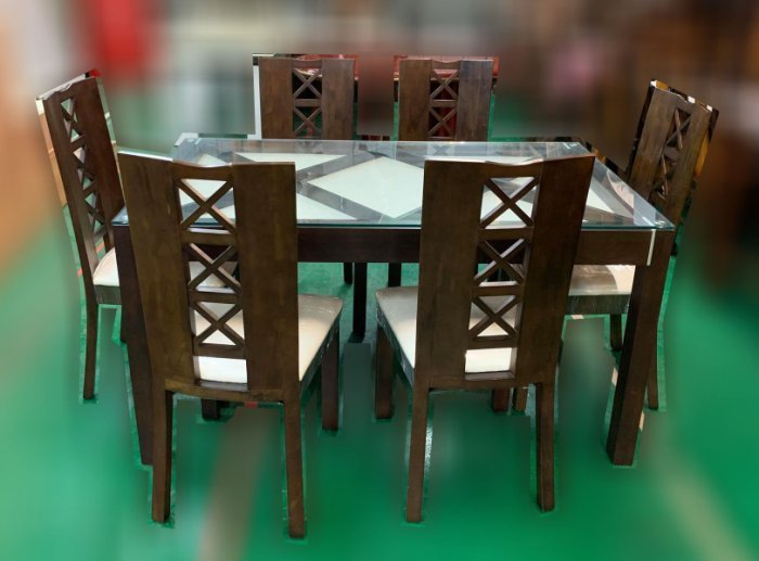 樂居二手家具(中)台中西屯二手家具買賣推薦 EF120708*胡桃木玻璃餐桌+6椅*2手桌椅拍賣 會議桌椅 戶外休閒